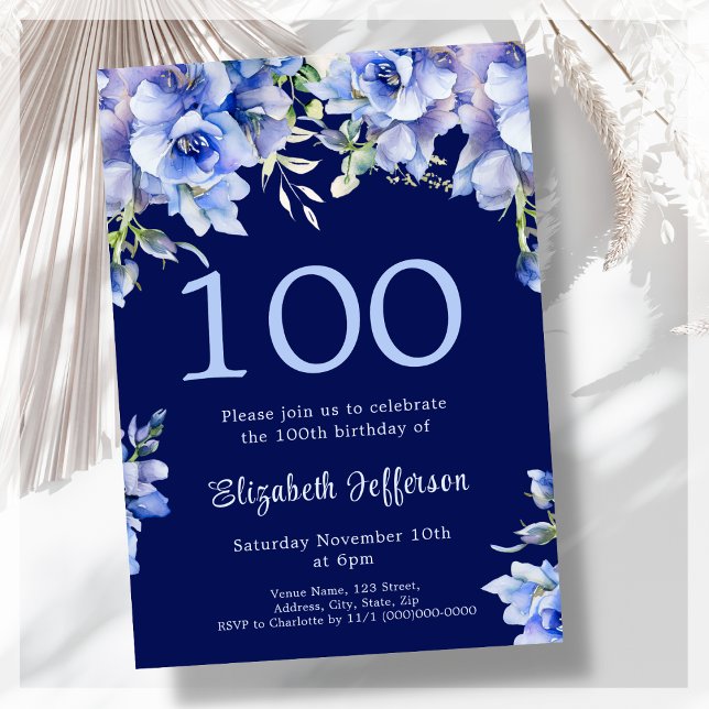 Convite de aniversário do Elegant Blue Floral 100t (Criador carregado)