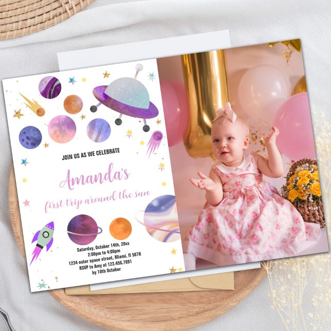Convite de Aniversário do Espaço Exterior com Foto (Purple Outer Space Birthday Invitations with photo)