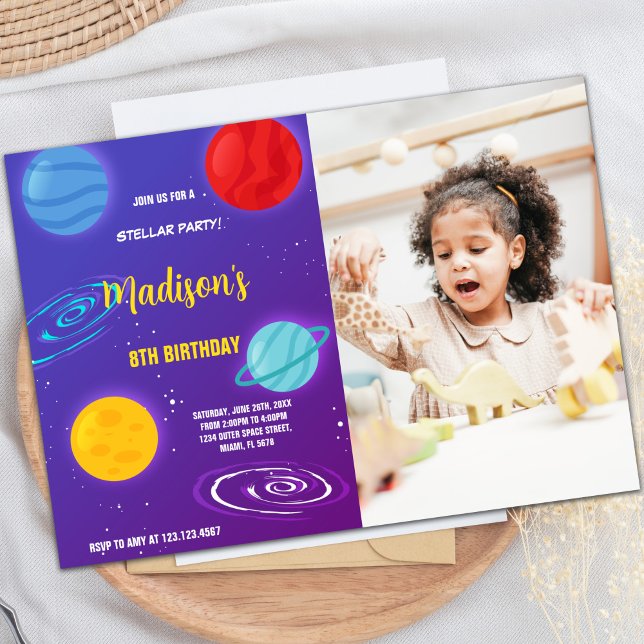 Convite de Aniversário do Espaço Exterior com Foto (Purple Outer Space Birthday Invitations with photo)