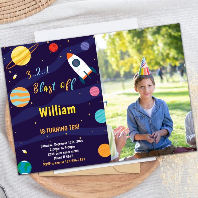 Convite de Aniversário do Espaço Exterior com Foto (White Rocket Outer Space Birthday Invitations phot)