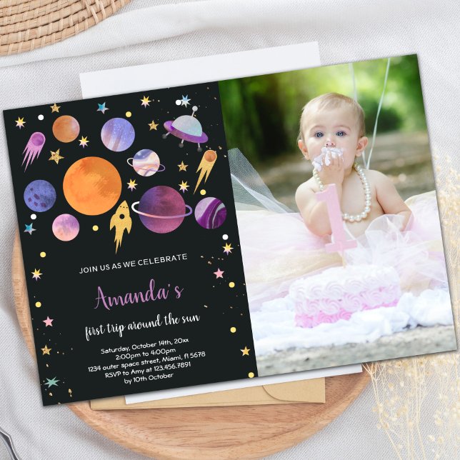 Convite de Aniversário do Espaço Exterior com Foto (Black Planets Outer Space Birthday photo Invitation)