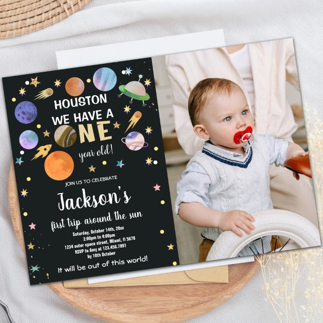 Convite de Aniversário do Espaço Exterior com Foto (Black Outer Space Birthday Invitations with photo)