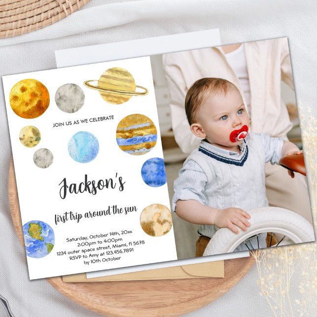Convite de Aniversário do Espaço Exterior com Foto (White Background Outer Space Birthday photo Invitation)