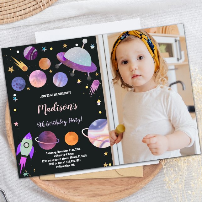 Convite de Aniversário do Espaço Exterior com Foto (Outer Space Birthday Invitations with photo)