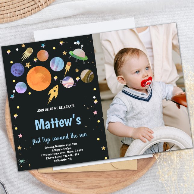 Convite de Aniversário do Espaço Exterior com Foto (Outer Space Birthday Invitations with photo)