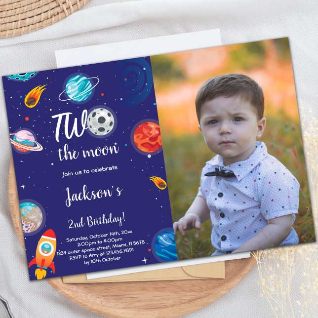 Convite de Aniversário do Espaço Exterior com Foto (Two the moon Outer space Birthday photo Invitation)