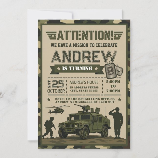 Convite de aniversário do exército moderno persona (Frente)