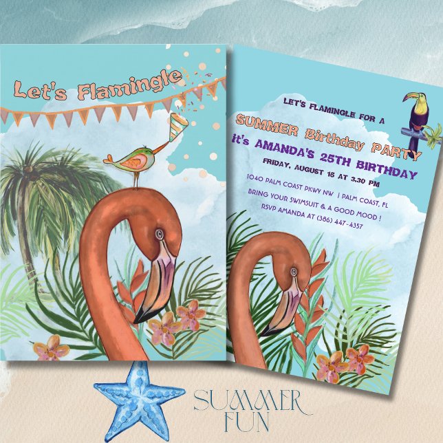 Convite de Aniversário do Flamingo Tropical e Tuca (Tropical Flamingo & Toucan Birthday Invitation)