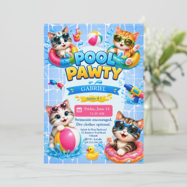 Convite de Aniversário do Gatinho da Festa na Pisc (Em pé/Frente)