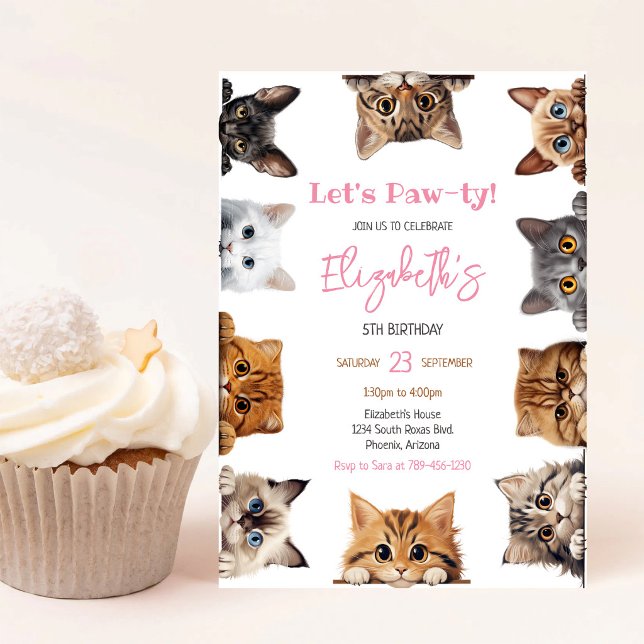 Convite de Aniversário do Gatinho Festa Let's Pawt (Criador carregado)