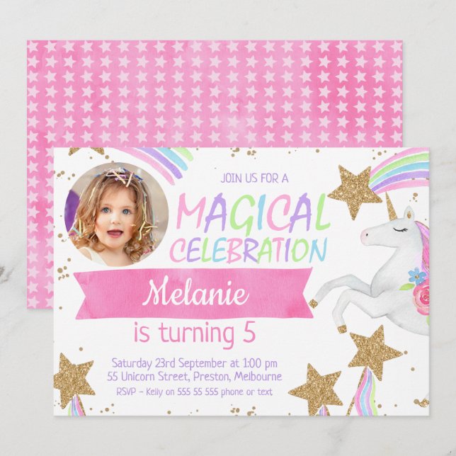 Convite de Aniversário do Girls Unicorn Photo (Frente/Verso)