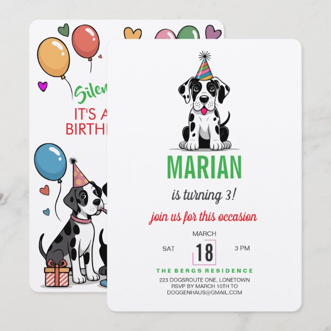 Convite de Aniversário do Great Dane (Frente/Verso)