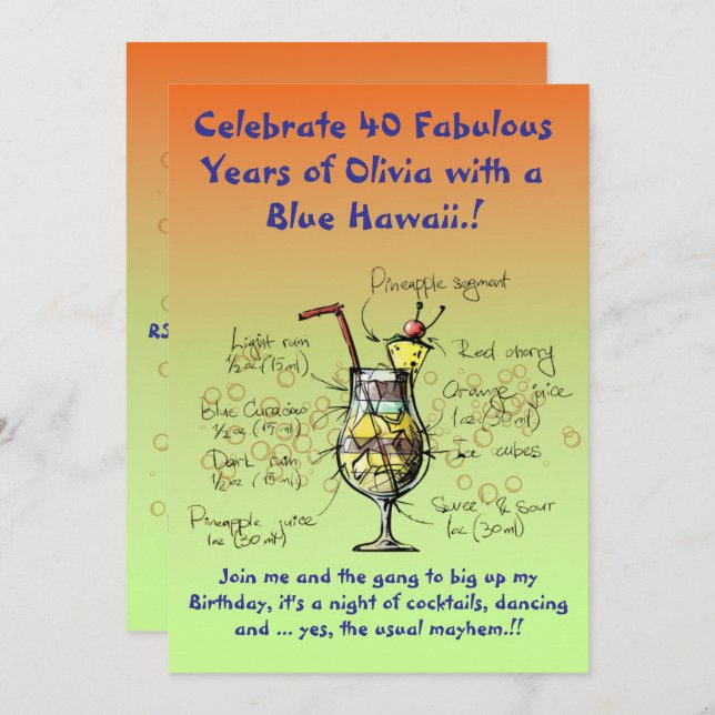 Convite de aniversário do Havaí azul (Frente/Verso)