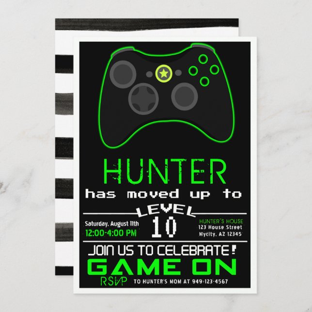 Convite de Aniversário do Jogo Verde Neon (Frente/Verso)