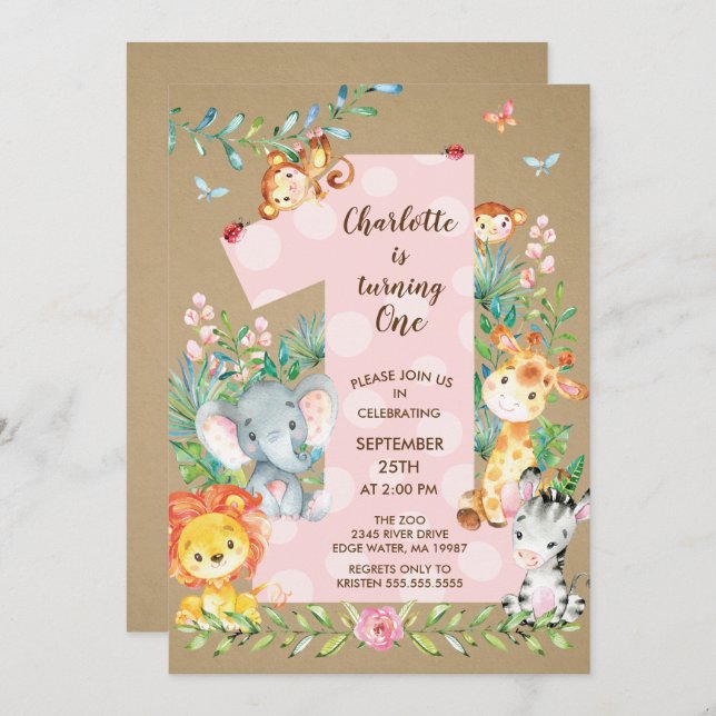 Convite de Aniversário do KraftJungle Big One Girl (Frente/Verso)