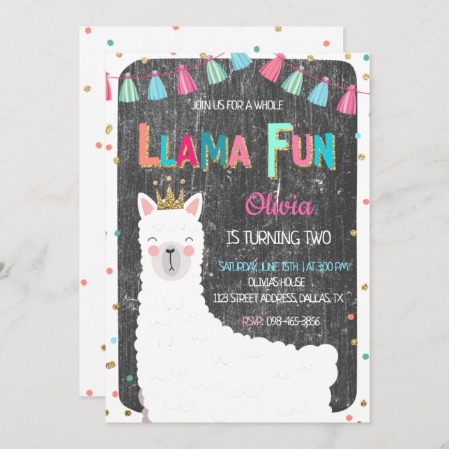 Convite de Aniversário do Llama Chalkboard (Frente/Verso)