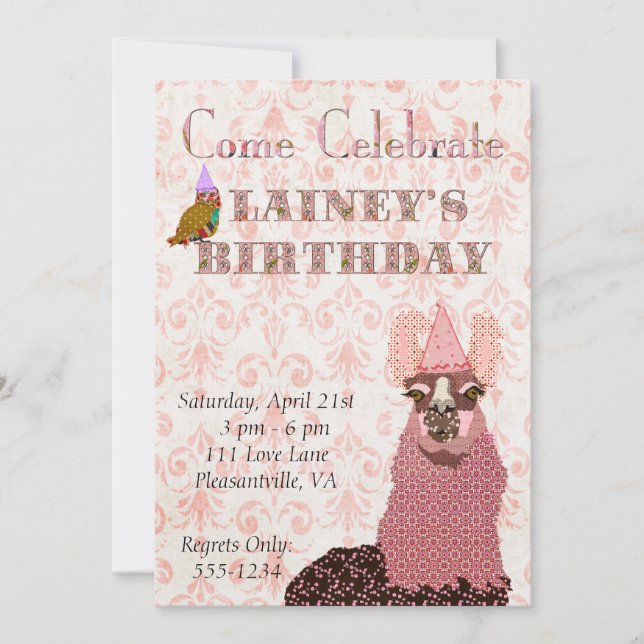 Convite de Aniversário do Llama Rosa (Frente)