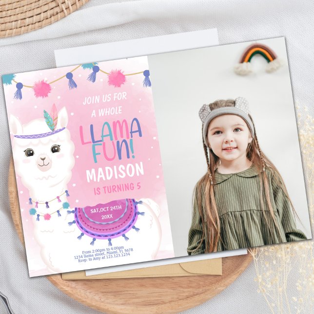 Convite de Aniversário do Llama Rosa e Roxo com Fo (Pink Purple Llama Birthday Invitations with photo)