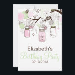 Convite de Aniversário do Mason Verde Rosa e Mint<br><div class="desc">Blush Pink e Mint Green Mason Jars Aniversário Convite Feminina e ilustrações bonitas de jarras castanhas,  pinks e hortas verdes de menta,  flores,  corações cardíacas e pombinhos. Este convite galopante é perfeito para chás de fraldas de primavera e de Verão,  especialmente para as festas "Doce Dezesseis".</div>