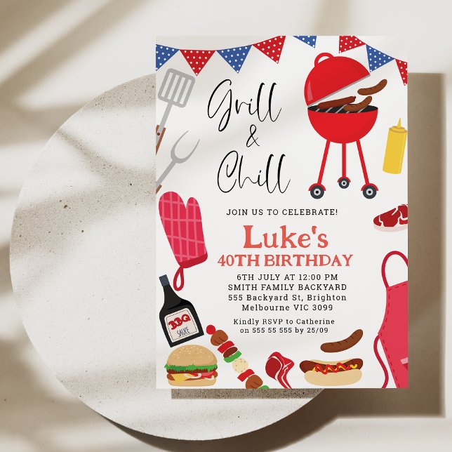 Convite de Aniversário do Modern Red Grill e do Ch (Chill and Grill BBQ Birthday Invitation Template, 4oth Birthday BBQ Backyard Birthday Invitation)