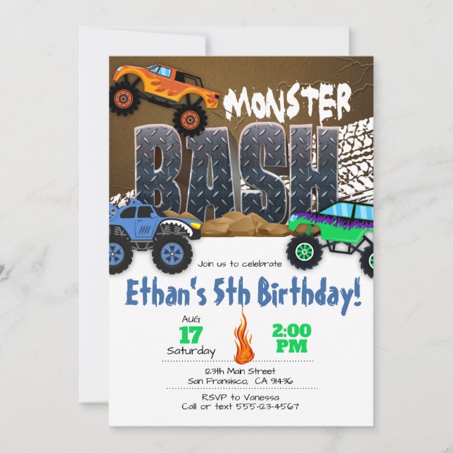 Convite de Aniversário do Monster Truck - Monster  (Frente)