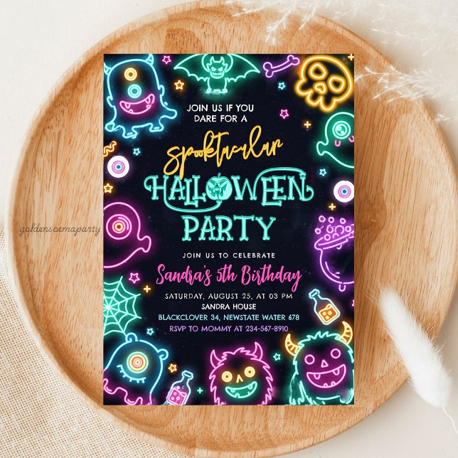Convite de Aniversário do Neon Halloween Spooktacu (Halloween birthday invitation, neon Halloween invite)