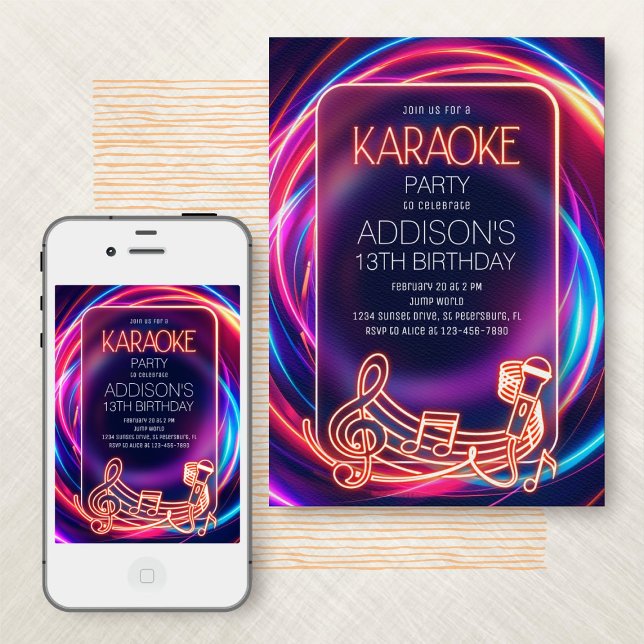 Convite de Aniversário do Neon Karaoke Rosa (Criador carregado)