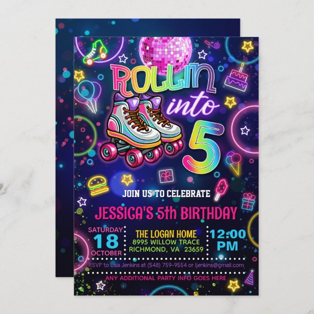 Convite de aniversário do Neon Roller Skate 5 (Frente/Verso)