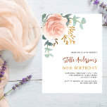 convite de aniversário do orçamento floral do rosa<br><div class="desc">Um fundo branco chic. Decorados com um grande ouro rosa e folhas de eucalipto cor-de-rosa, cor-de-rosa e cor-de-água verde, espraias, verde e um espravão de ouro falso. Personalize e adicione seu nome e detalhes da festa. Traseiro: cor verde de fundo sage. 1 folha = 1 convite impresso de borda a...</div>