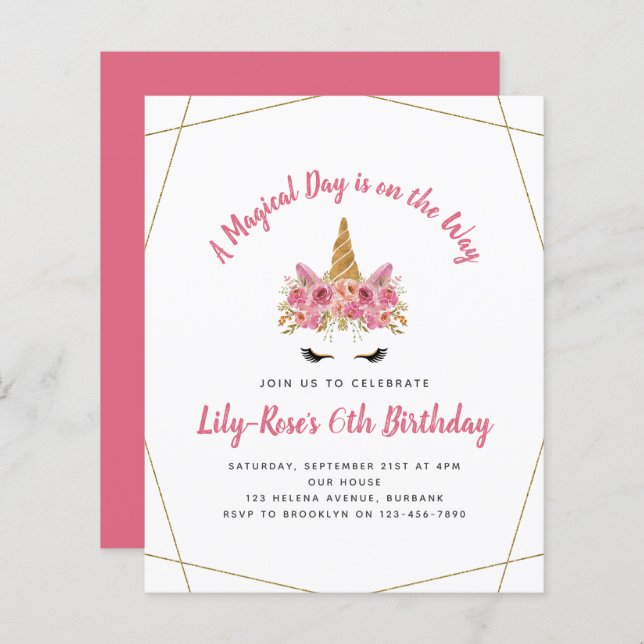 Convite de Aniversário do ORÇAMENTO | Unicórnio Fl (Frente/Verso)