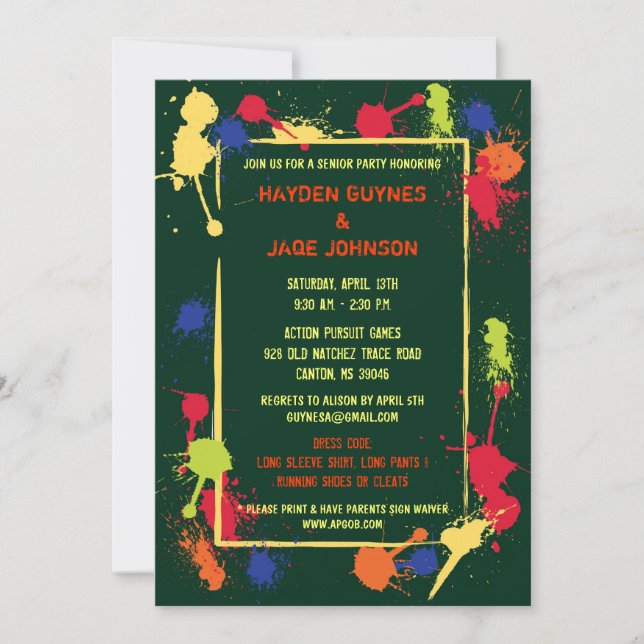 Convite de aniversário do Paintball (Frente)