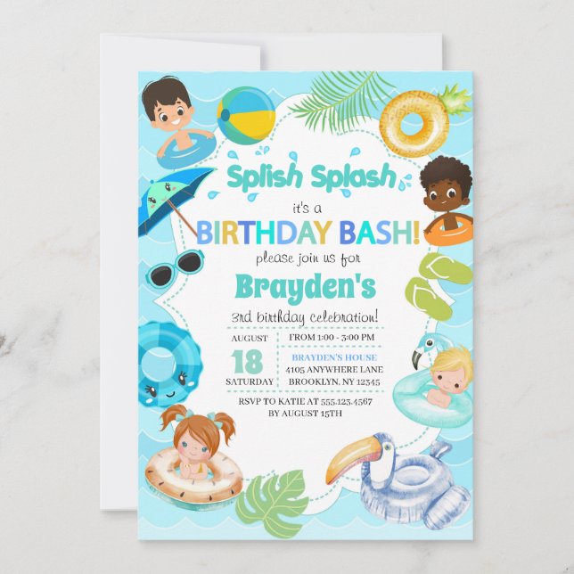 Convite de Aniversário do Partido da Piscina de Ab (Frente)