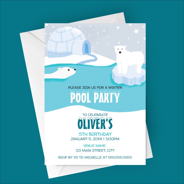 Convite de Aniversário do Partido da Piscina do Ur (Polar Bear Pool Party Winter Birthday Invitation)