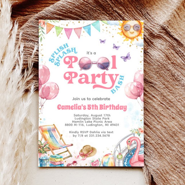 Convite de Aniversário do Partido de Piscinas de A (Splish Splash Pool Party Birthday Invitation)