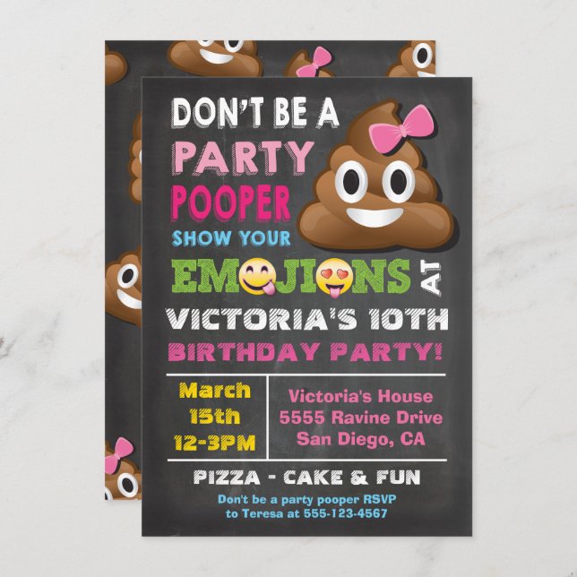 Convite de Aniversário do Partido Emoji Pooper Gir (Frente/Verso)