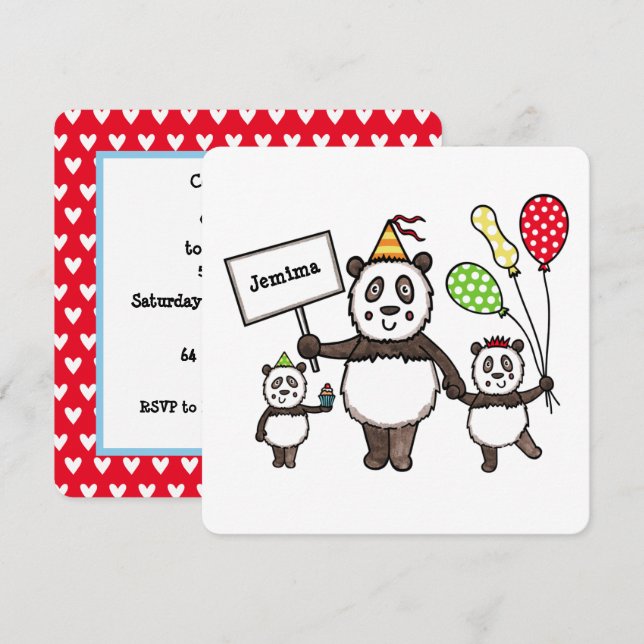 Convite de Aniversário do Partido Panda Personaliz (Frente/Verso)