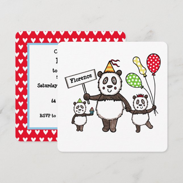 Convite de Aniversário do Partido Panda Personaliz (Frente/Verso)
