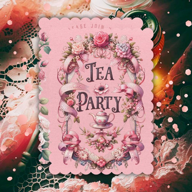 Convite de Aniversário do Partido Tea Aestético Co (birthday tea party invitation teapot tea cups roses coquette aesthetic girly pink ribbons lace)
