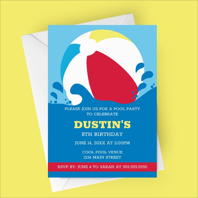 Convite de aniversário do Piscina de praia (Minimalist Modern Beach Ball Pool Party Kids Birthday Invitation)