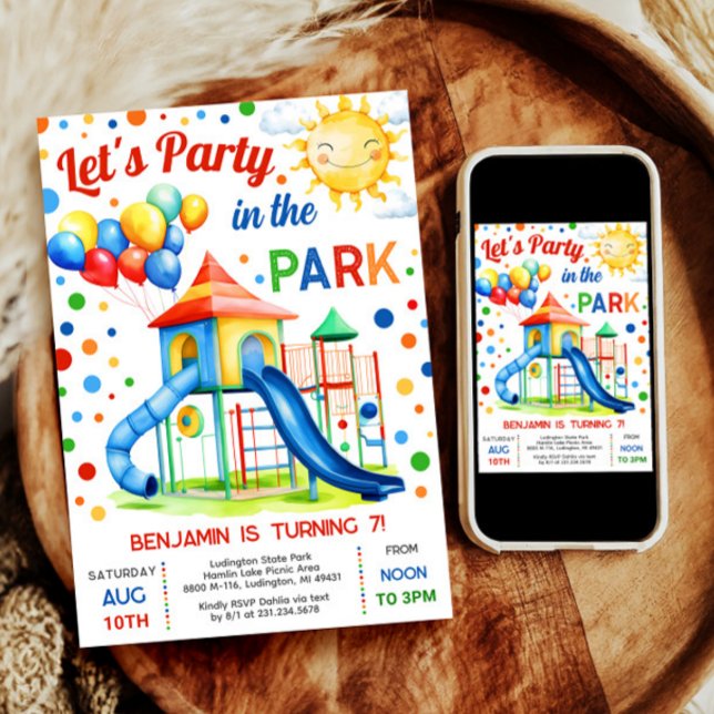 Convite de Aniversário do Playground - Festa no Pa (Celebrate with our Party in the Park invitation, perfect for a boy's outdoor playground birthday.)
