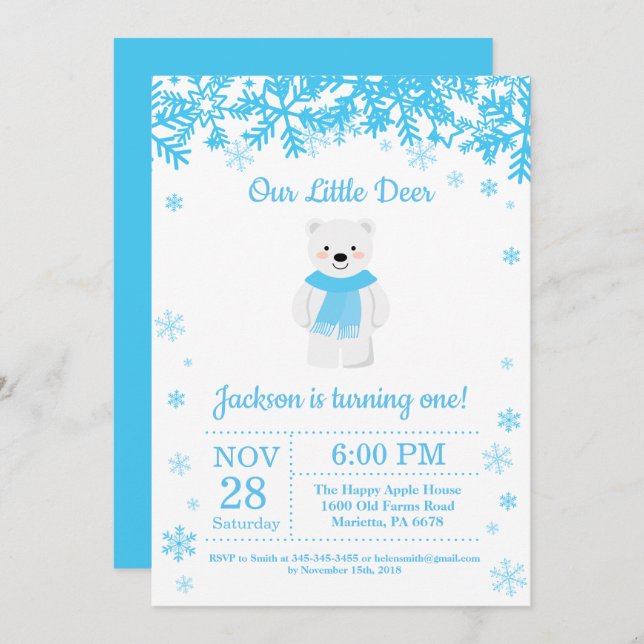 Convite de Aniversário do Polar Bear Winter Boy (Frente/Verso)