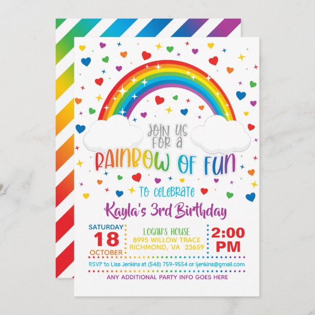 Convite de aniversário do Rainbow (Frente/Verso)