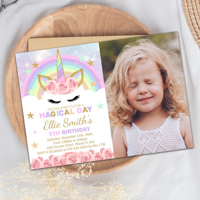 Convite de Aniversário do Rainbow Pink Unicorn (Rainbow Pink Unicorn Invitations with photo)