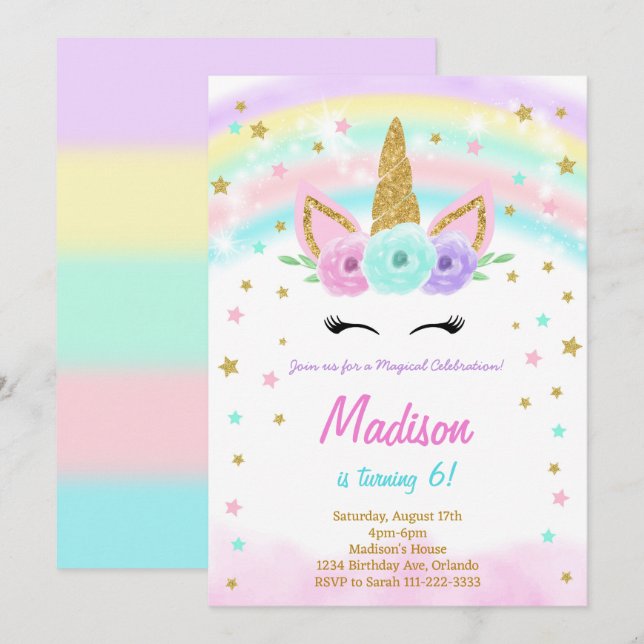 Convite de Aniversário do Rainbow Watercolor Unico (Frente/Verso)