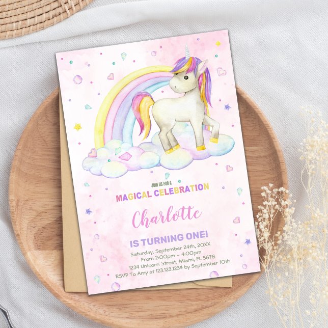 Convite de Aniversário do Rainbow Watercolor Unico (Rainbow Watercolor Unicorn Birthday Invitations)