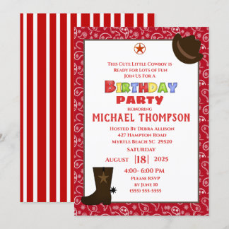 Convite de aniversário do Red Bandana Western Cowb