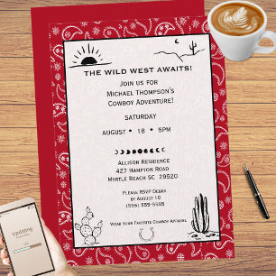 Convite de aniversário do Red Bandana Western Cowb