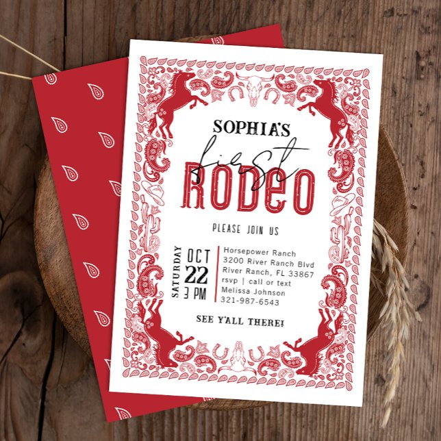 Convite de Aniversário do Red First Rodeo - Cowb O (Red Country Western Birthday Invite)