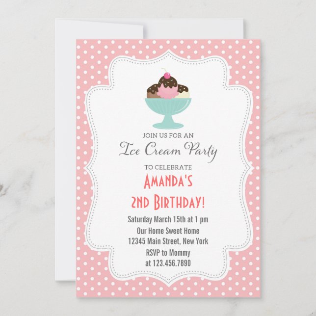 Convite de aniversário do Sorvete (rosa) (Frente)