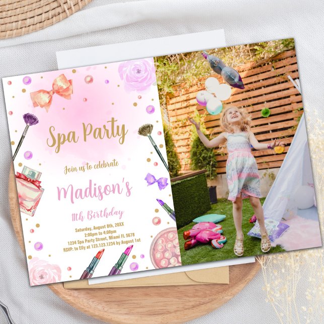 Convite de Aniversário do Spa com Foto (Purple Spa Birthday Invitations with photo)